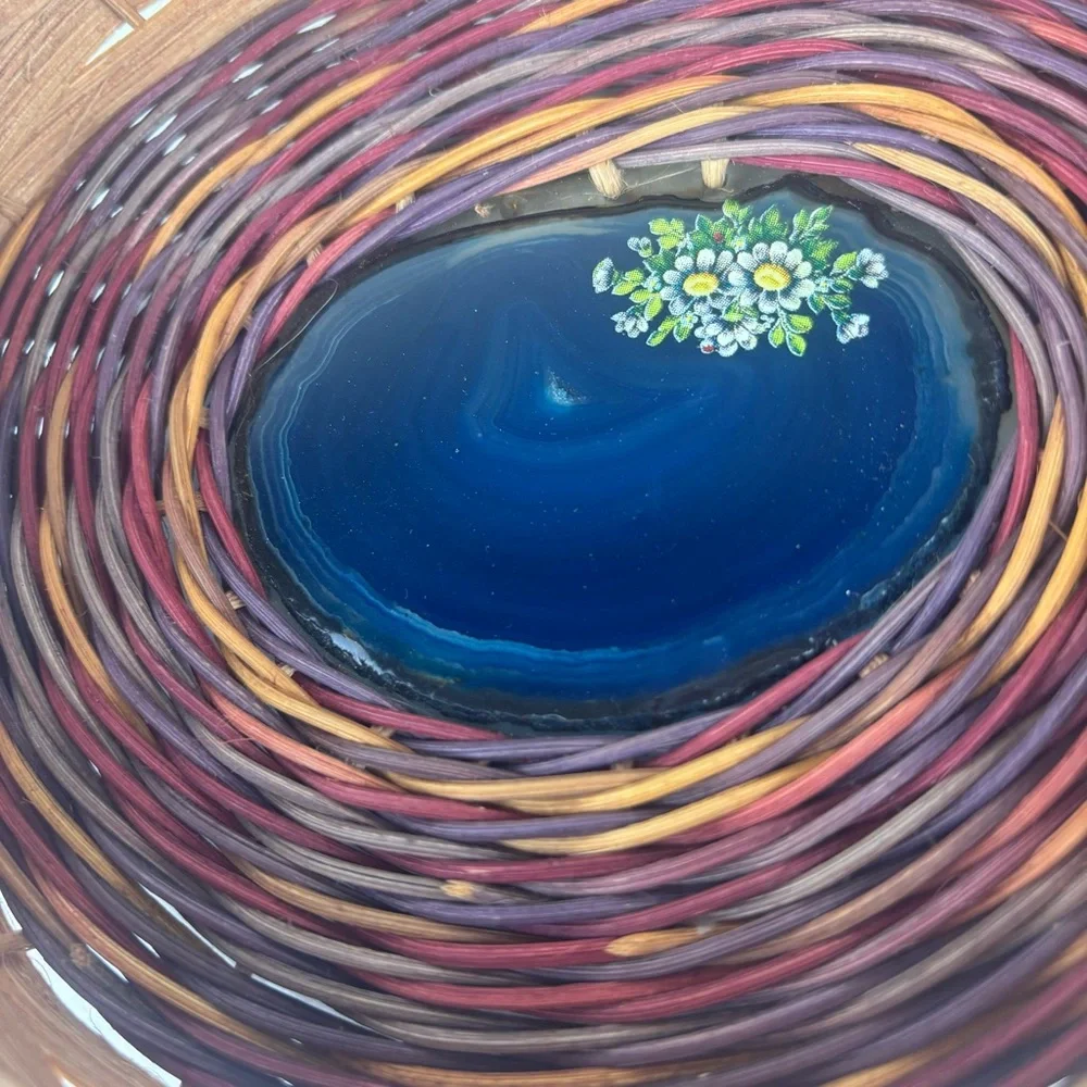 Basketry Elegance-handcrafted multi-colored small tray with agate center-NWT